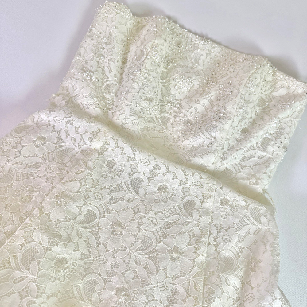 David's Bridal Wedding Dress 14 Ivory Strapless Beaded Lace Pick Up Sash Veil